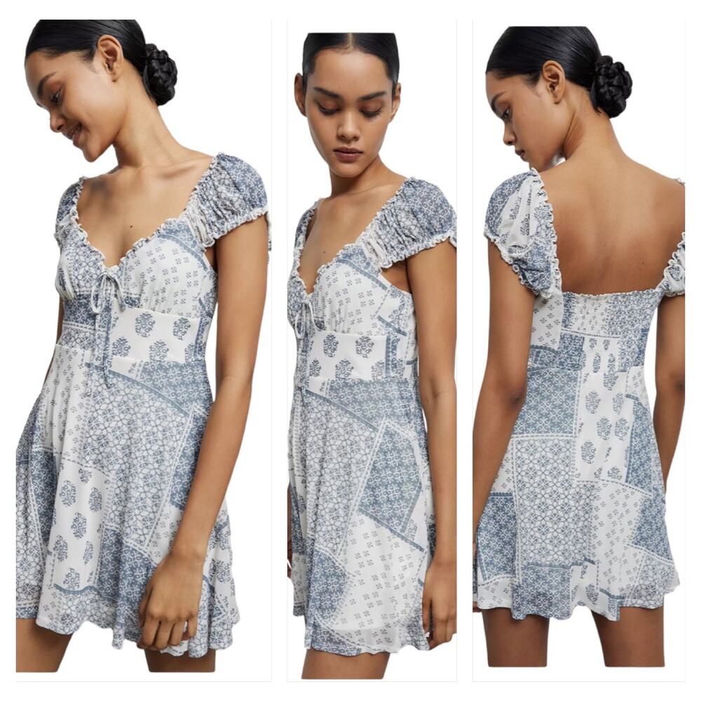 Urban Outfites Dress Audrey Patchwork Mini Gathered Bodice Smocked Back Retro